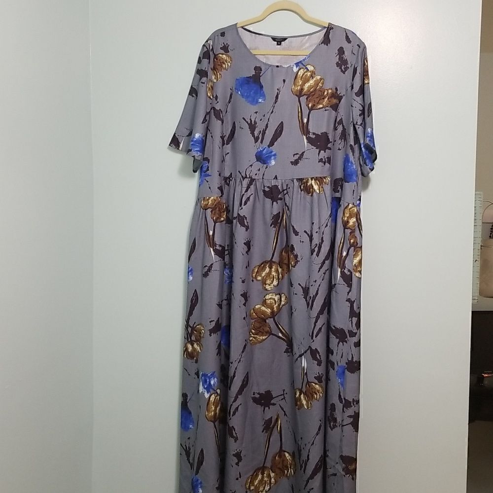 Floryday dusty blue with brown floral print maxi dress, size XL. NWT.